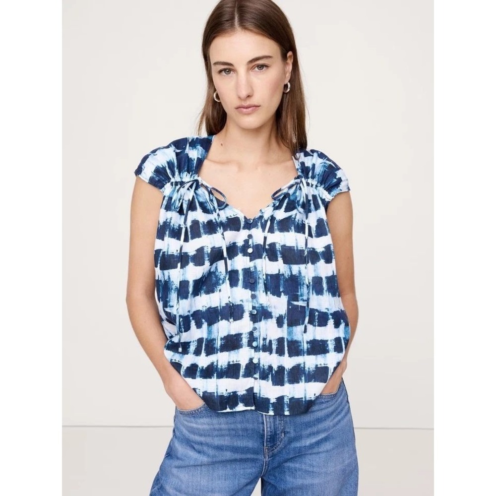 Banana Republic Women's Blue White Tie Dye 100% Linen Button Front Blouse Size M